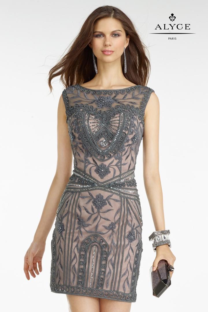 Alyce Paris - Embellished Sheath Dress In Steel Greay/pink 5765