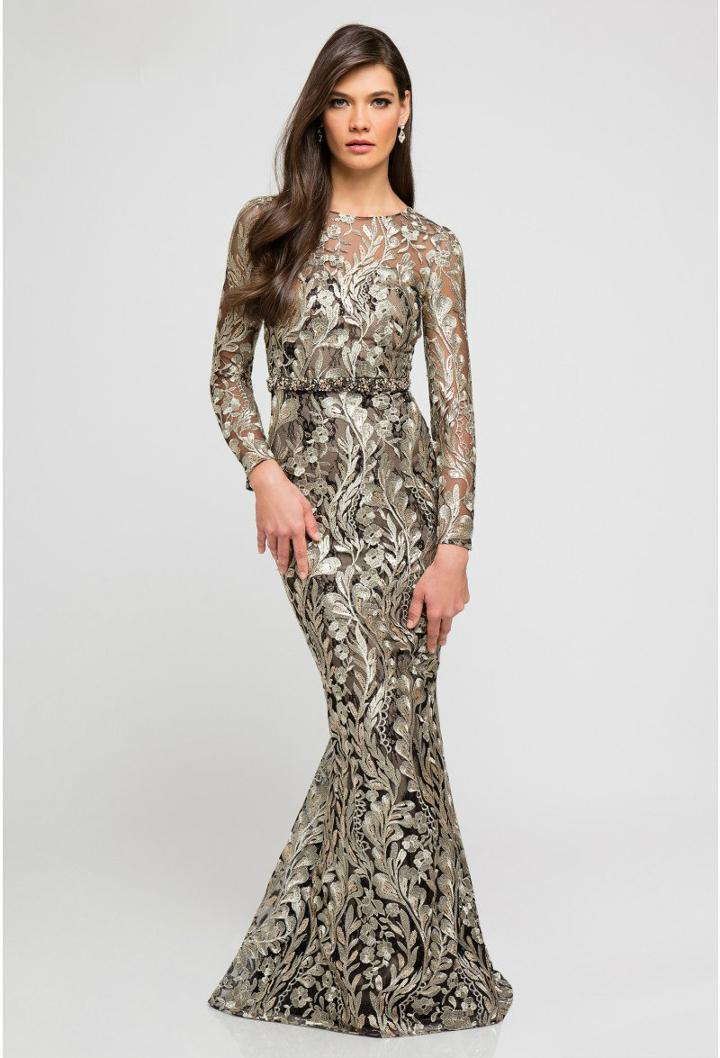 Terani Evening - 1723e4289 Long Sleeves Gilded Leaves Embroidered Gown