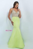 Blush - Bejeweled V-neck Satin Trumpet Gown 11025