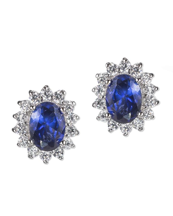 Cz By Kenneth Jay Lane - Sapphire Oval Halo Pierced Earring