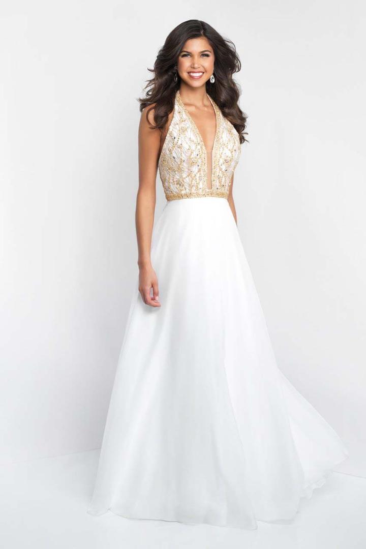 Blush - 11523 Plunging Halter Gilded Embellished Chiffon Gown