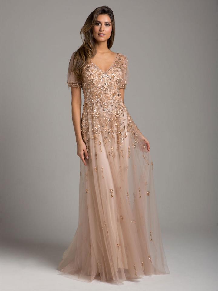 Lara Dresses - 29953 Short Sleeve Bead Tasseled Tulle Dress