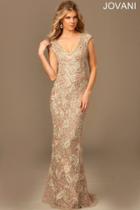 Jovani - Satin V-neck Semi-sheer Back Dress 77722
