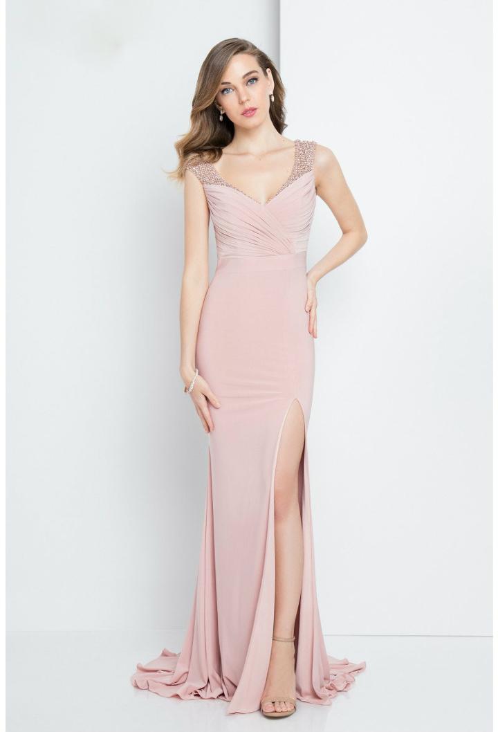 Terani Evening - 1721m4346 Ruched V-neck Sheath Dress