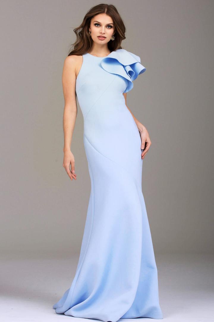 Jovani - 50479 Sleeveless Ruffled Shoulder Long Scuba Dress