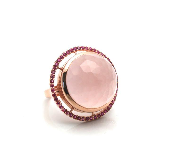 Tresor Collection - Rose Quartz With Ruby Pave Cocktail Ring In 18k Rose Gold