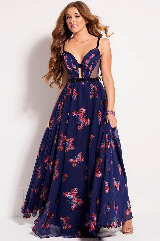 Jovani - 54972 Pleated Sweetheart Butterfly Print Chiffon Prom Dress