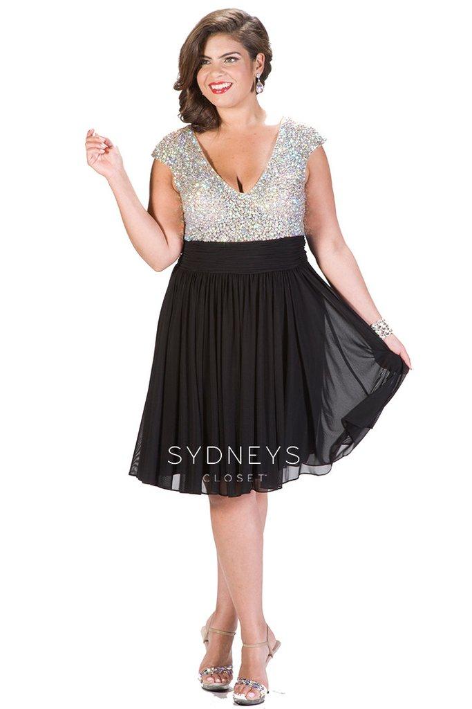 Sydney's Closet - Crystal-encrusted V-neck Pleated A-line Cocktail Dress Sc8081