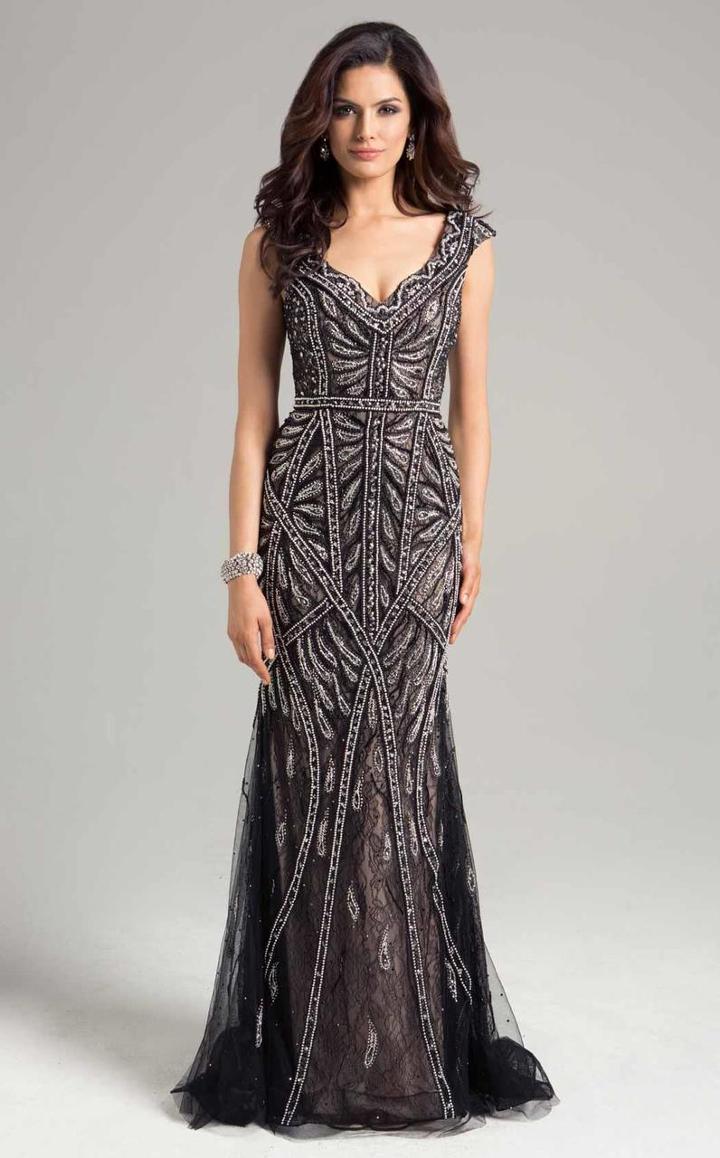 Lara Dresses - 32962 Beaded V Neck Cap Sleeves Long Dress