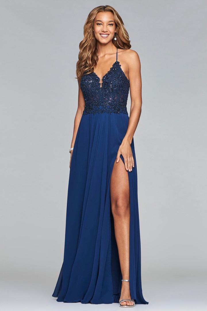 Faviana - 10005 Lacy V-neck Chiffon Evening Gown