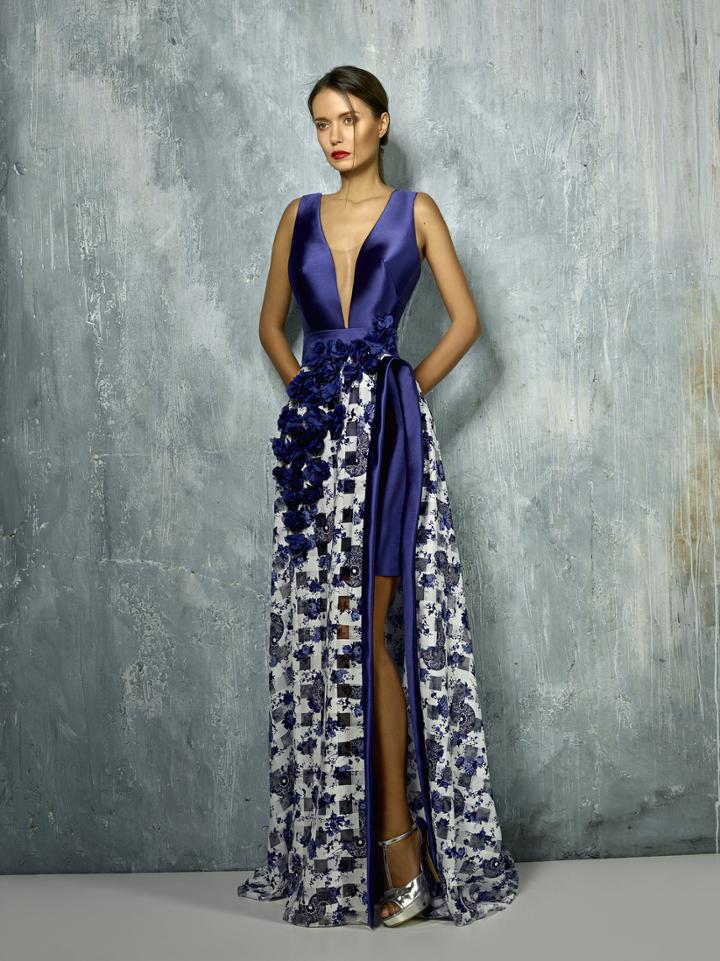 Beside Couture By Gemy - Bc1272 Deep V-neck Floral Applique Dress