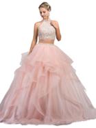 Dancing Queen - Two Piece Bejeweled High Halter Layered Ballgown