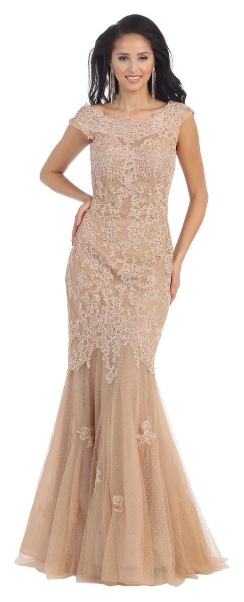 Smart Cap Sleeve Lace Applique Mesh Mermaid Dress