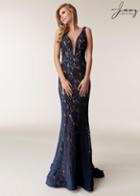 Jasz Couture - 6287 Beaded Lace Deep V-neck Sheath Dress