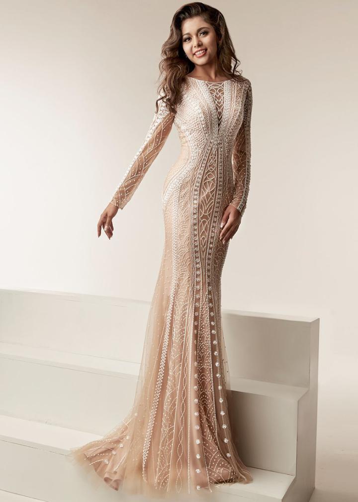 Jasz Couture - 6214 Long Sleeved Sheath Embellished Gown