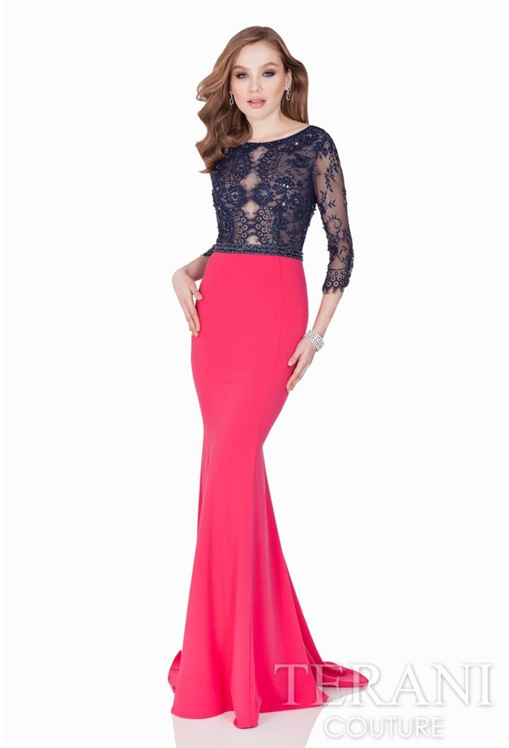 Terani Evening - Two Tone Three Quarter Sleeve Lace Mermaid Gown 1621e1495