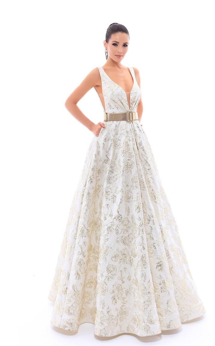 Tarik Ediz - 93484 Plunging V-neck Gilded Blossoms Ballgown