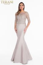 Terani Couture - 1821m7552 Embroidered Lattice Quarter Sleeve Gown