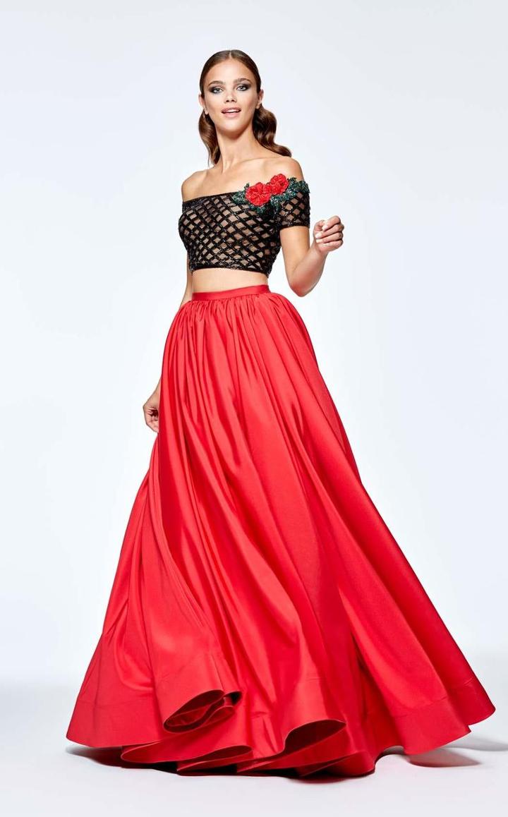 Tarik Ediz - Two-piece Beaded Off-the-shoulder Neck Dress 93102