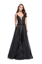 La Femme - 25701 Beaded Lace Deep V-neck Organza A-line Dress