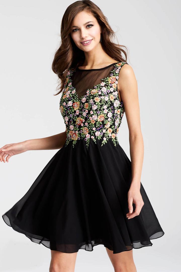 Jovani - Jvn54561 Floral Embroidered Chiffon Short Dress