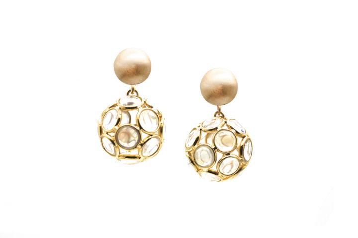 Tresor Collection - Rainbow Moonstone Origami Sphere Ball Earring In 18k Yellow Gold