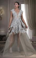 Mnm Couture -k3539 Textured Mesh Applique Gown With Faux Feathers