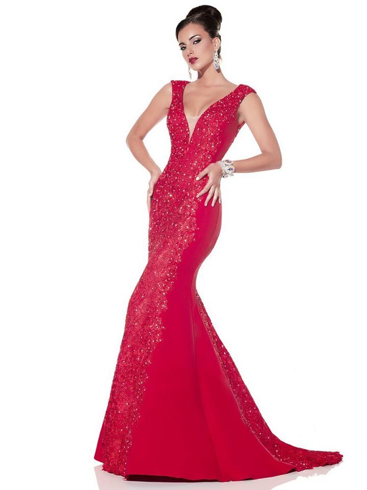 Panoply - 44306 V-neck Lace Evening Gown With Chiffon Cape