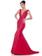 Panoply - 44306 V-neck Lace Evening Gown With Chiffon Cape