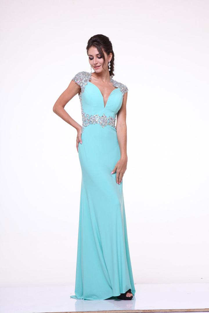 Cinderella Divine - Bedazzled Deep V-neck Fitted Dress