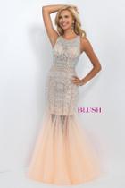 Blush - Bejeweled High Neck Tulle Trumpet Gown 11101