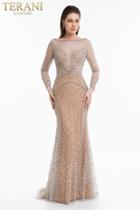 Terani Couture - 1821gl7448 Beaded Illusion Bateau Long Sleeve Dress