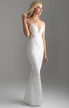 Madison James - 18-607 V Neckline Thin Strap Lace Evening Dress