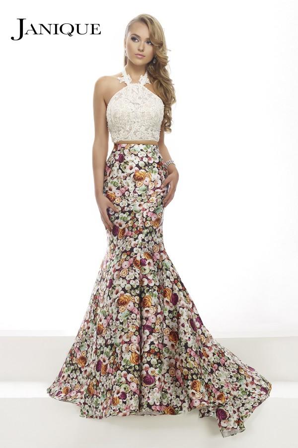 Janique - Lace Halter Trumpet Two-piece Evening Gown With Floral Prints Ja2004