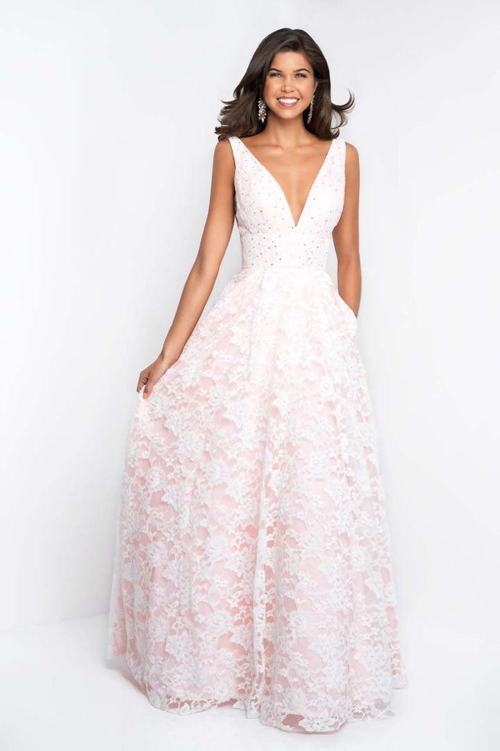 Blush - 5682 V-neck Beaded Lace Satin Prom Gown