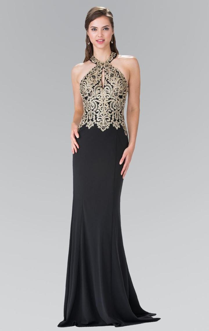 Elizabeth K - Embroidered Halter Jersey Trumpet Dress Gl2231