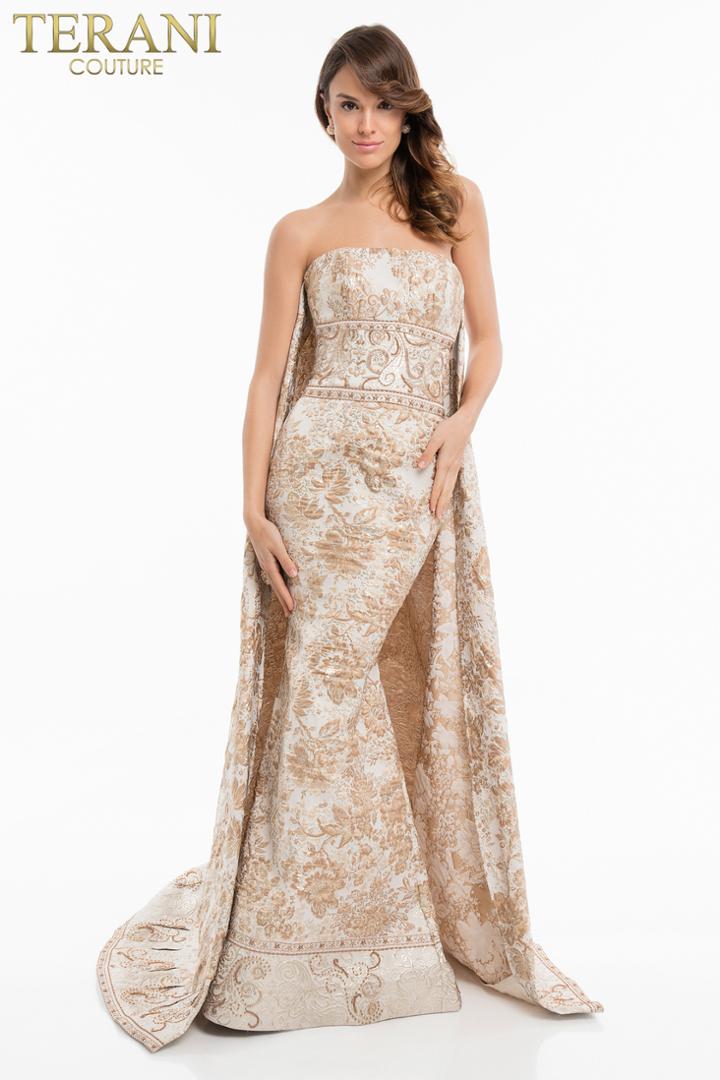 Terani Couture - 1821e7145 Strapless Fitted Gown With Floating Train