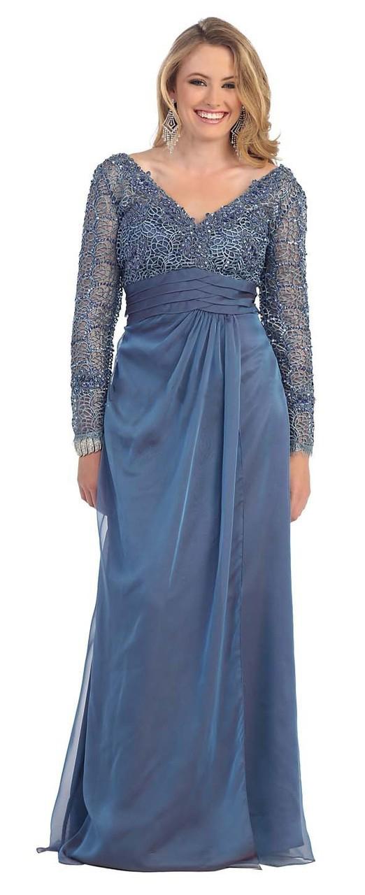 May Queen - Fabulous Bedazzled And Laced Long Sleeve V-neck Long A-line Dress Mq975