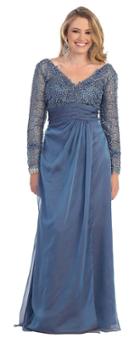 May Queen - Fabulous Bedazzled And Laced Long Sleeve V-neck Long A-line Dress Mq975