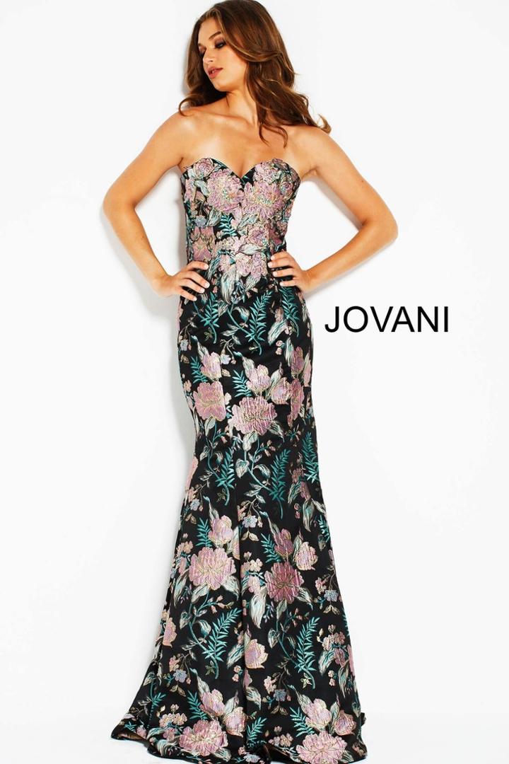 Jovani - 53079 Multi-colored Floral Embroidered Trumpet Dress