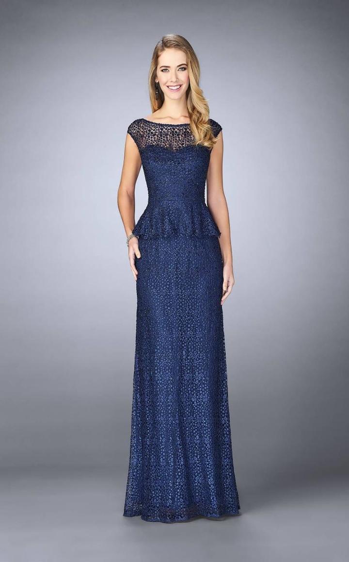 La Femme - 24896 Cap Sleeve Lace Peplum Gown