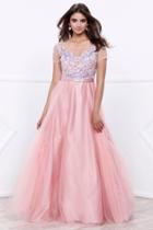 Embroidered Bateau Illusion Long Evening Gown