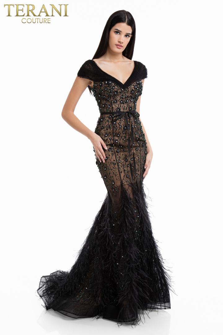 Terani Couture - 1822gl7502 Bedazzled Wide V-neck Mermaid Dress