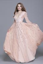 Shail K - 12102 Long Sleeved Ornate Applique Gown