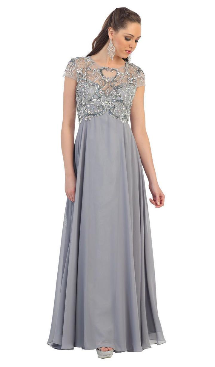 May Queen - Bejeweled Cap Sleeve Illusion Scoop A-line Dress Mq1100