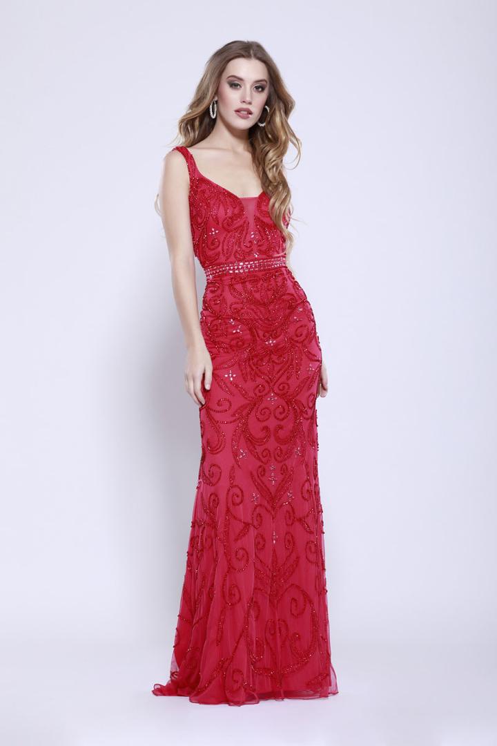 Shail K - 12156 Embellished Plunging Evening Dress
