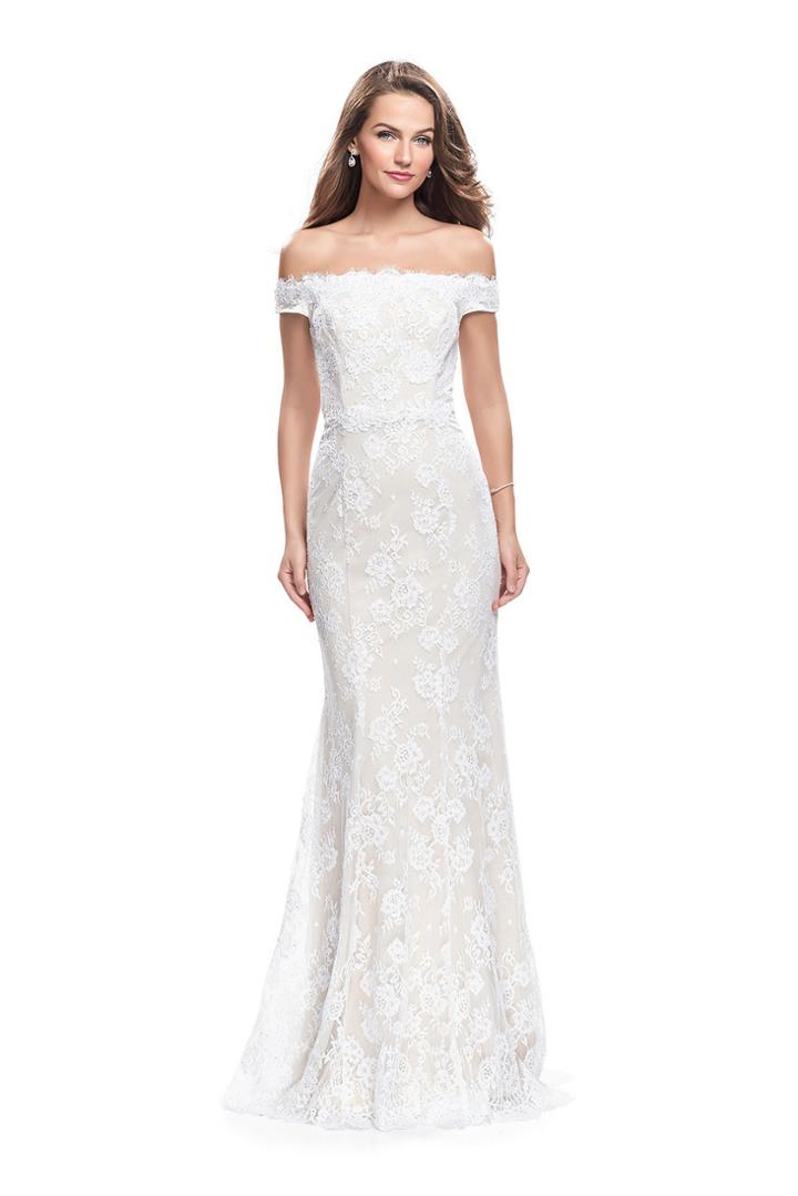 La Femme Gigi - 26218 Off-shoulder Beaded Lace Sheath Gown