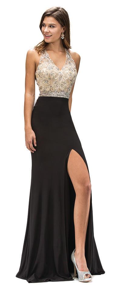 Long Halter Dress With Rhinestone Embellished Bodice