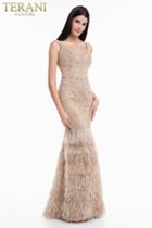 Terani Couture - 1821gl7429 Beaded Sweetheart Feathered Trumpet Dress