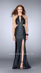 La Femme - Riveting Halter Leather Long Evening Gown With Side Cutouts 24739